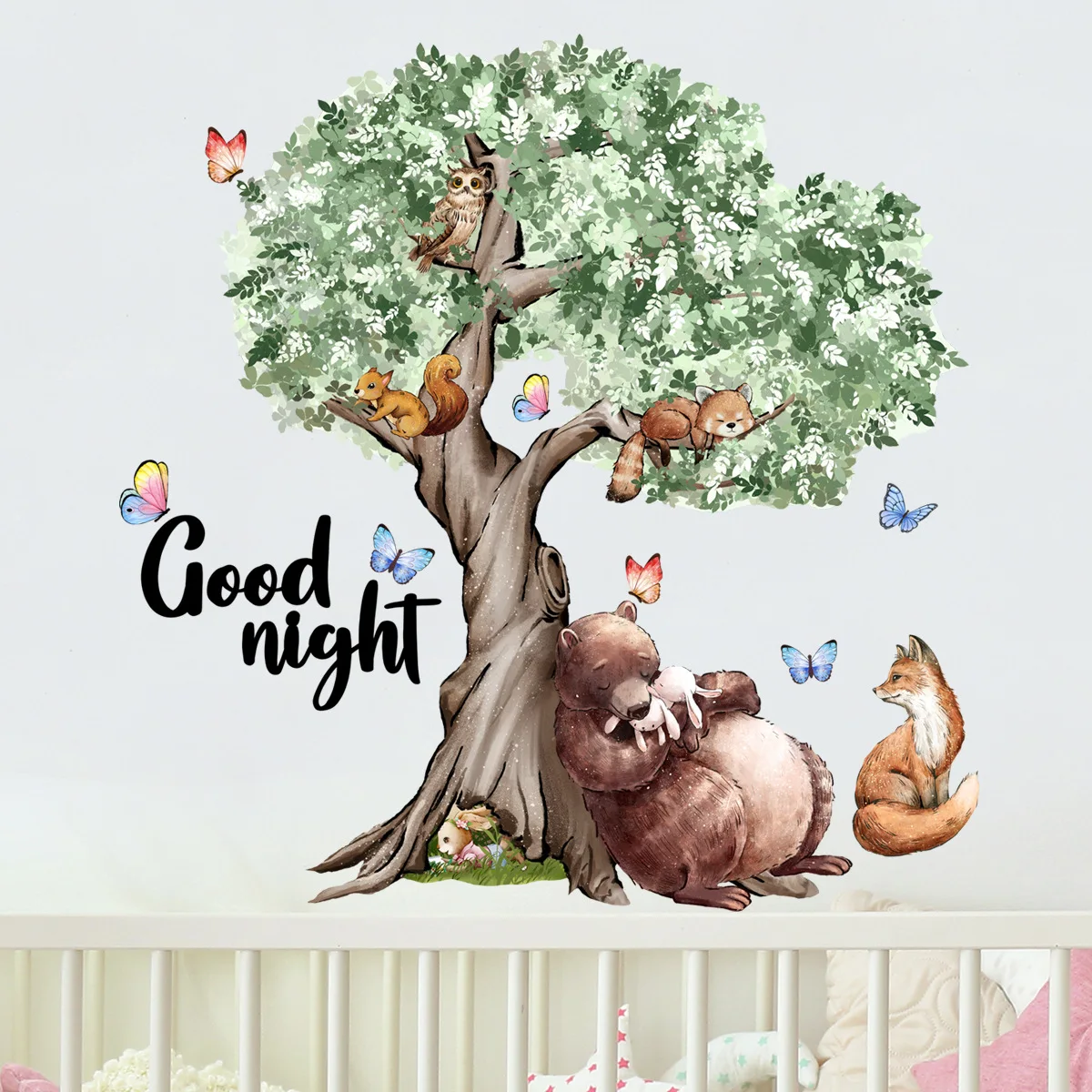 GOOD NIGHT Fox  Bear Tree Wall Decal Sticker Bedroom Tree of Life Roots butterfly Flying Away Home Decor Animal  Wall Sticker