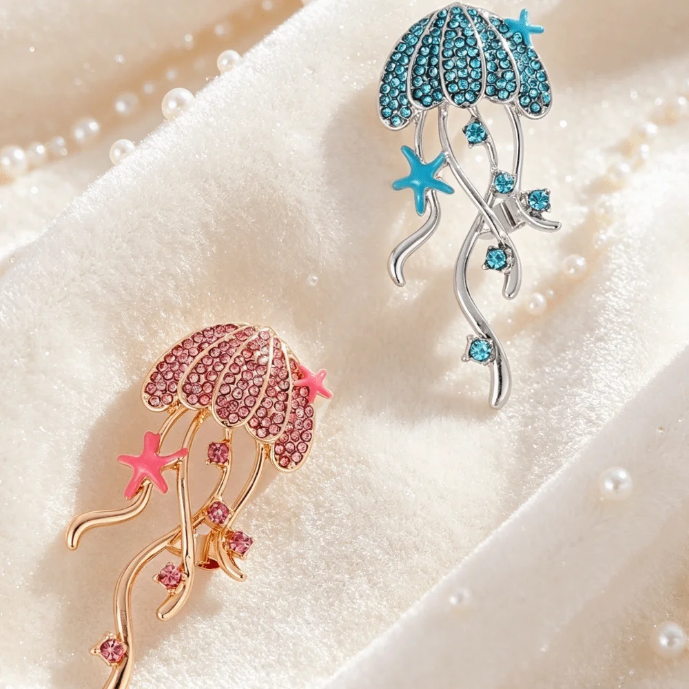 

New Alloy Rhinestone Breast Pin Cute Elegant Jellyfish Brooches Simple Design Two Color Options Sea Life Pins Unisex