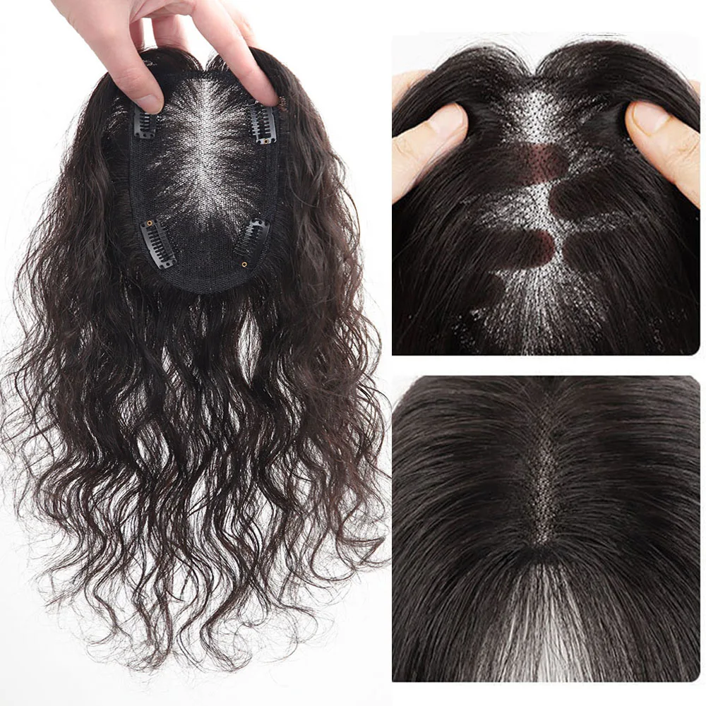 9x14cm Hand Tied Swiss Lace Human Hair Topper Natural Hairline Summer Breathable Toupee with Clips in Women's Hairpiece Black