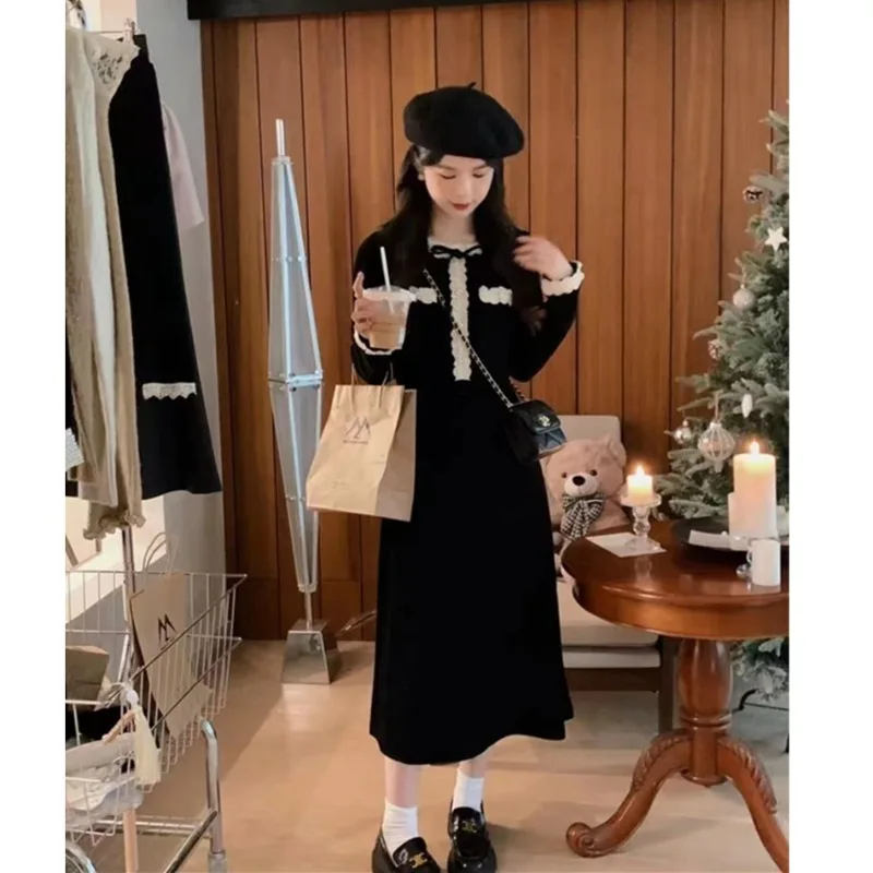 

Miiiix Small Fragrant Style Celebrity Combination Dress Autumn New H-shaped Black Long Sleeved Dress Female Clothing