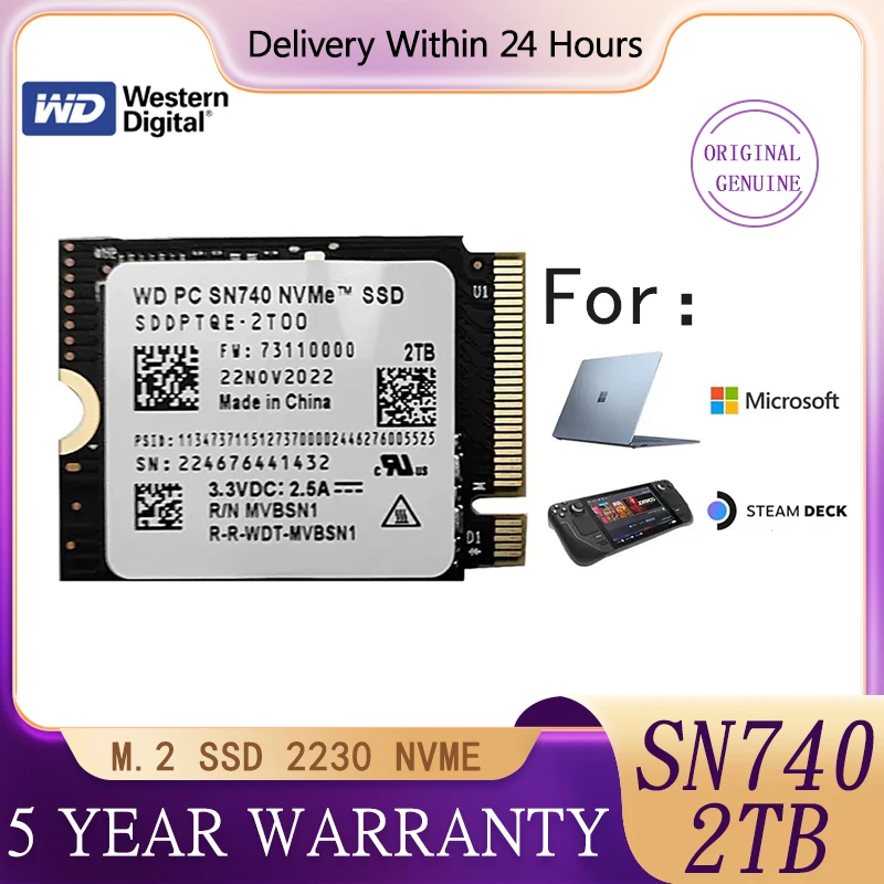 Western Digital WD SN740 M.2 2230 SSD 2TB 1TB 256GB NVMe PCIe Gen4 x4 For Microsoft Surface Pro X Laptop 3 Steam Deck 