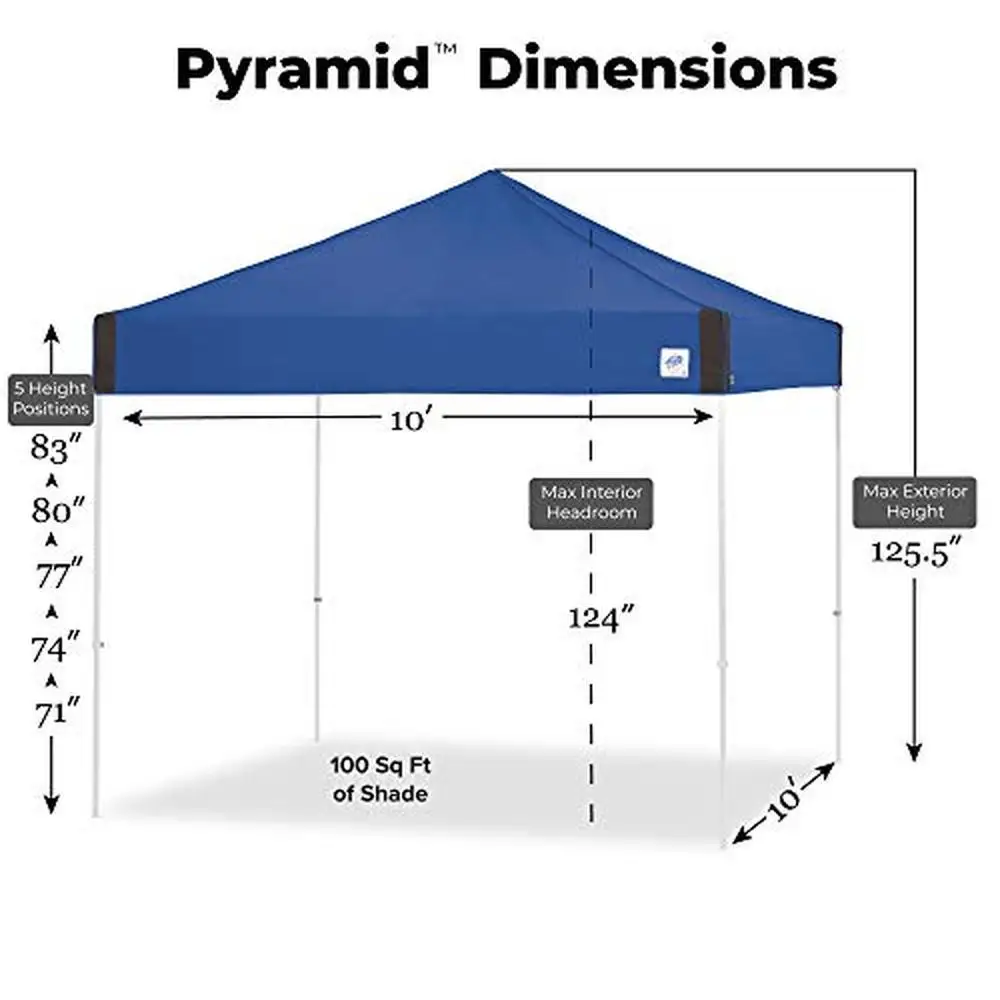 Pyramid Instant Shelter Canopy Pop Up Tent 10'x10' Wide-Trax Roller Bag 4 Piece Spike Set UV Protection Fire Resistant 3 Year