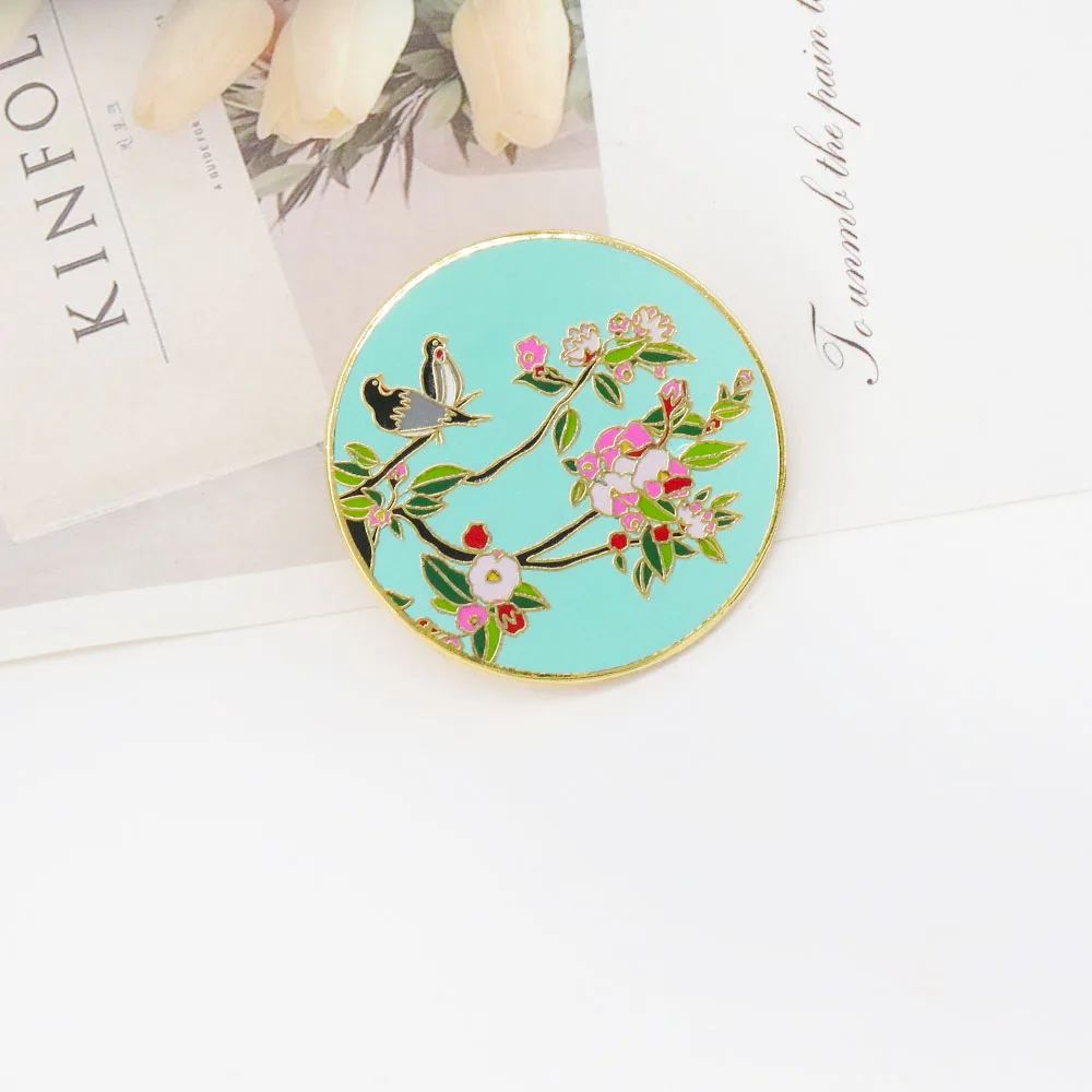 Chinese ancient style landscape flowers Blossom birds magpies in pairs graffiti good wishes happiness metal enamel brooch badge