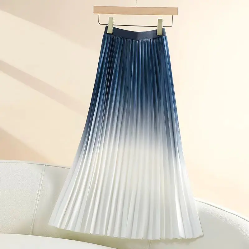 กระโปรงพลีทยาวไล่เฉดสีสำหรับผู้หญิง เอวยางยืดสูง ผูกเชือก ลายมัดย้อม เหมาะสำหรับงานเต้นรำ ปาร์ตี้ กระโปรงยาวคลุมเท้า สำหรับฤดูใบไม้ผลิ ฤดูร้อน ฤดูใบไม้ร่วง