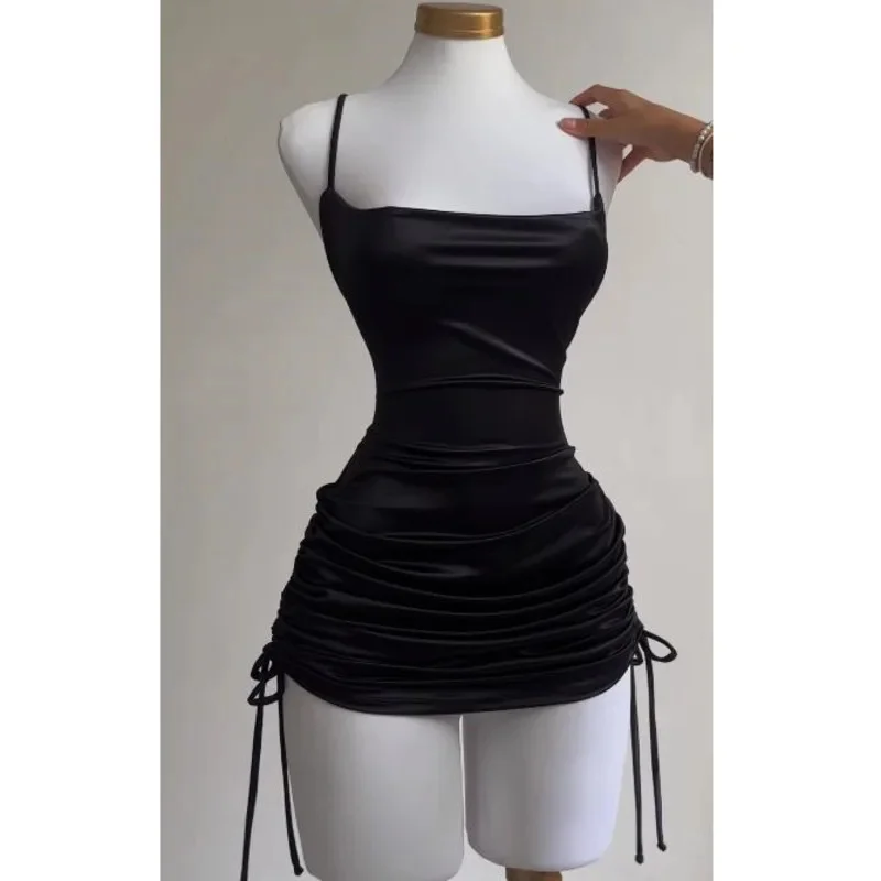 Vestido corto de satén para mujer, minivestido Sexy ajustado con cordones, sin mangas, Espalda descubierta, elegante, para fiesta y Club, ropa de calle, bata negra de noche