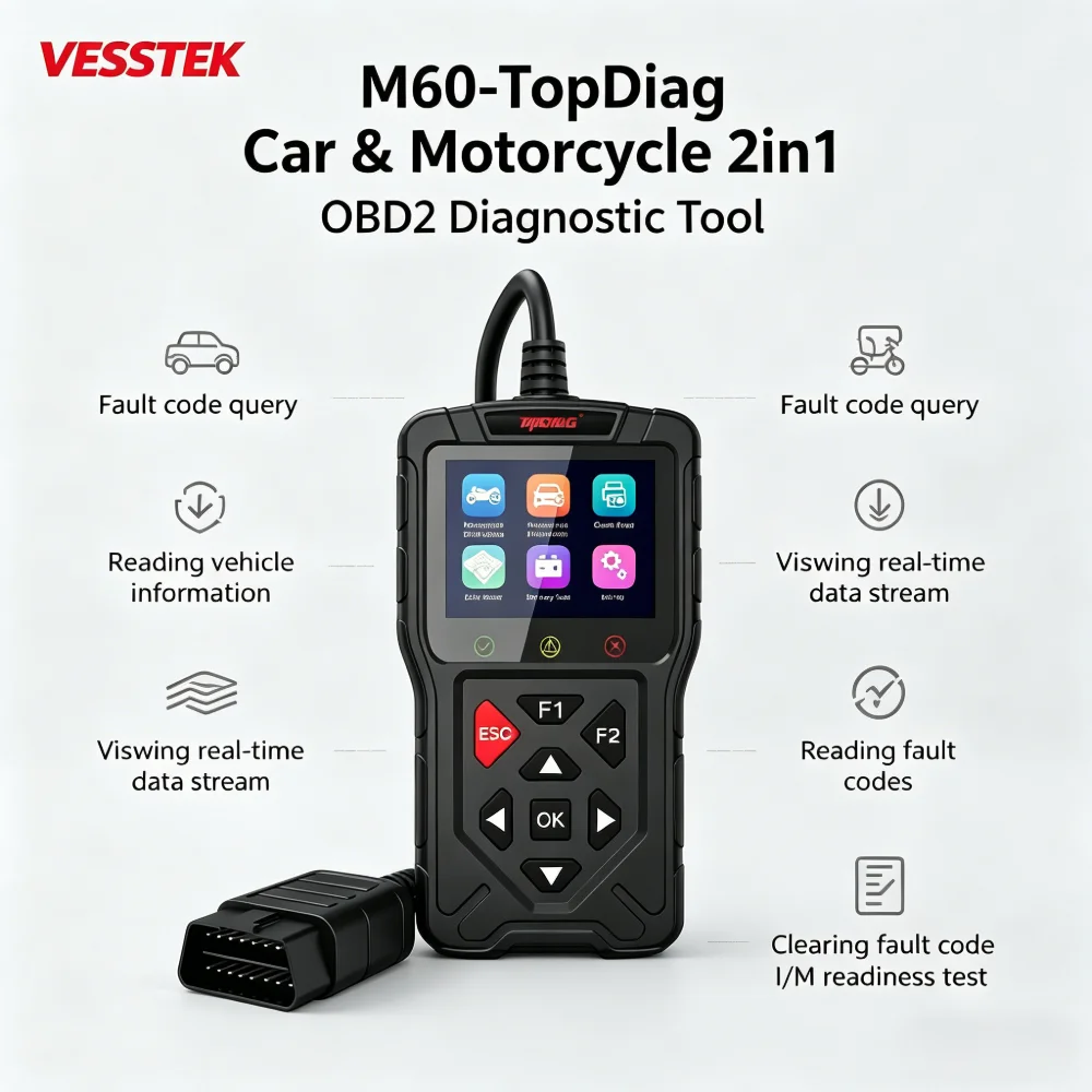 

VESSTEK-TopDiag M60 2in1 OBD2 Scanner Car & Motorcycle Diagnostic Tool Full OBDII Functions DTC Reader Clear Fault Code