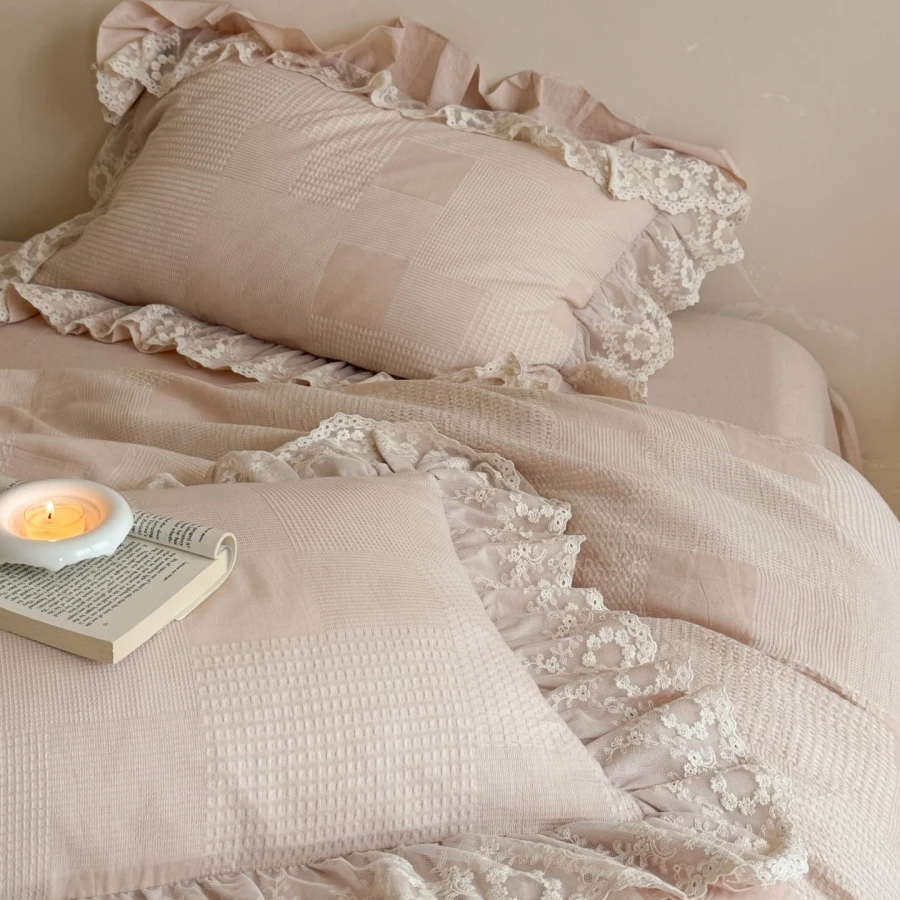 Pink Waffle Weave 100%Cotton Duvet Cover Set Lace Ruffle Bedding Set, 4Pcs Duvet Cover Bed sheet Pillowcases Double Queen King