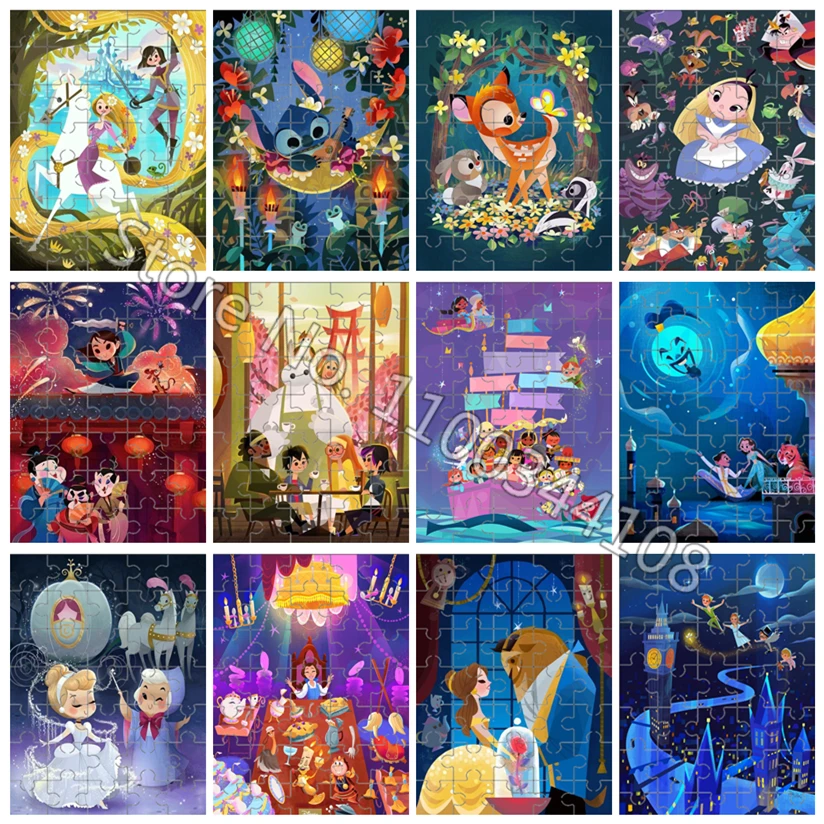 Disney 35 Pieces Wooden Puzzles Cartoon Tinker Bell Lilo & Stitch Bambi Jigsaw Puzzle for Children's Leisure Educational Toys