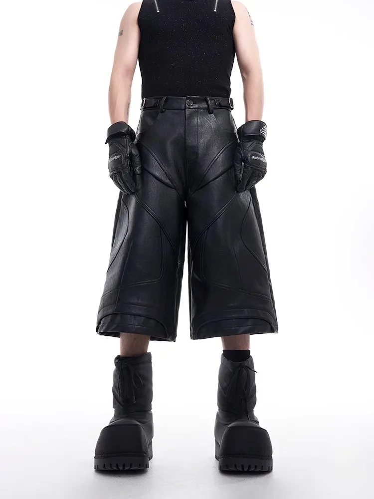 Mauroicardi Spring Summer Cool Handsome Black Pu Leather Shorts for Men High Waist Knee Length Short Straight Pants Clothes 2025