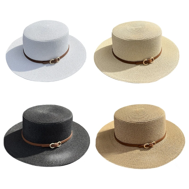 

Large Brim Flat Top Hat for Women Vacation Straw Hat Flat Top Hat Adult Headwear N58F