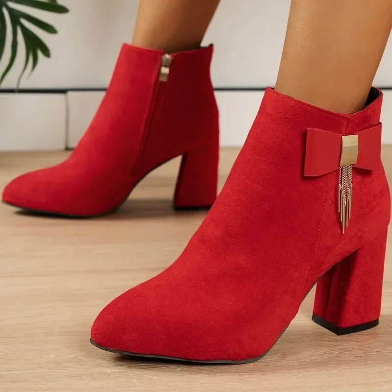 Stivaletti da donna 2024 inverno nuovi stivali da donna in pelle scamosciata rossa comodi tacchi alti con plateau grosso scarpe eleganti da donna