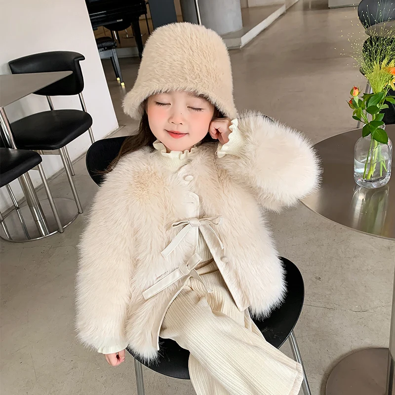 2023 new winter girls' bow environmentally friendly fur coat Korean version of western style plus velvet thickened cotton-padded