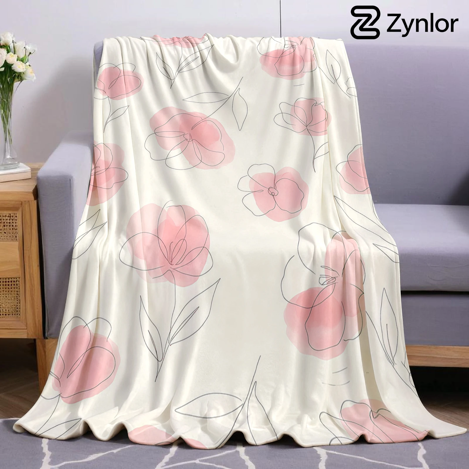 Line Art Peony Lightweight Microfiber Soft Christmas Fleece Blanket Warm Cozy Throw for Bed Sofa Office Travel All Season