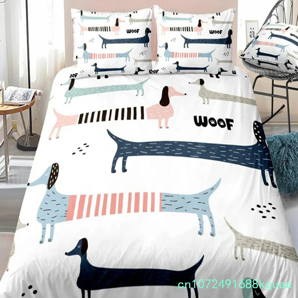 Cartoon Pet Bedding Set Dachshund Sausage Dog Duvet Cover Set Cute Kids Teen Quilt Cover Taupe Bed Cover Dog Home Textile
