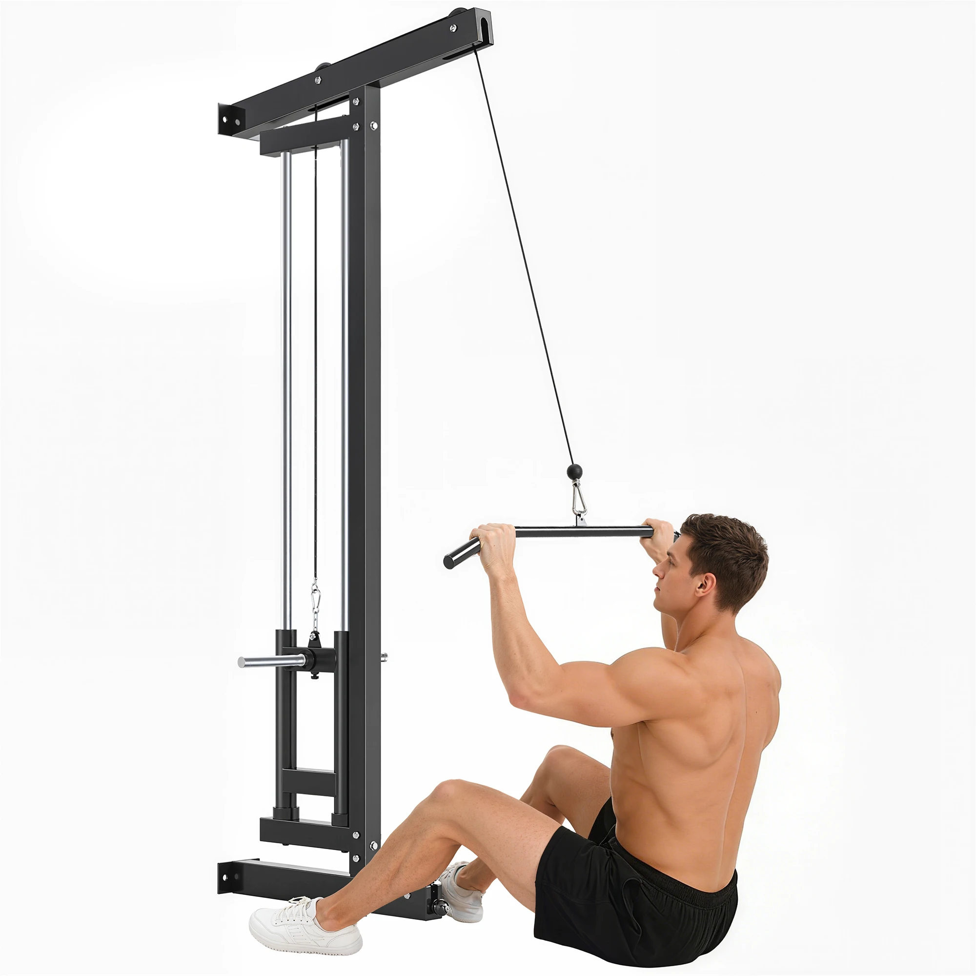 SPORTNOW Wandbevestigde bodybuilding station, trekstation, multifunctioneel bodybuilding station, hoge en lage pulley, 2 pulleys, trekstang, thuis workout, fitness, sportschool, huis