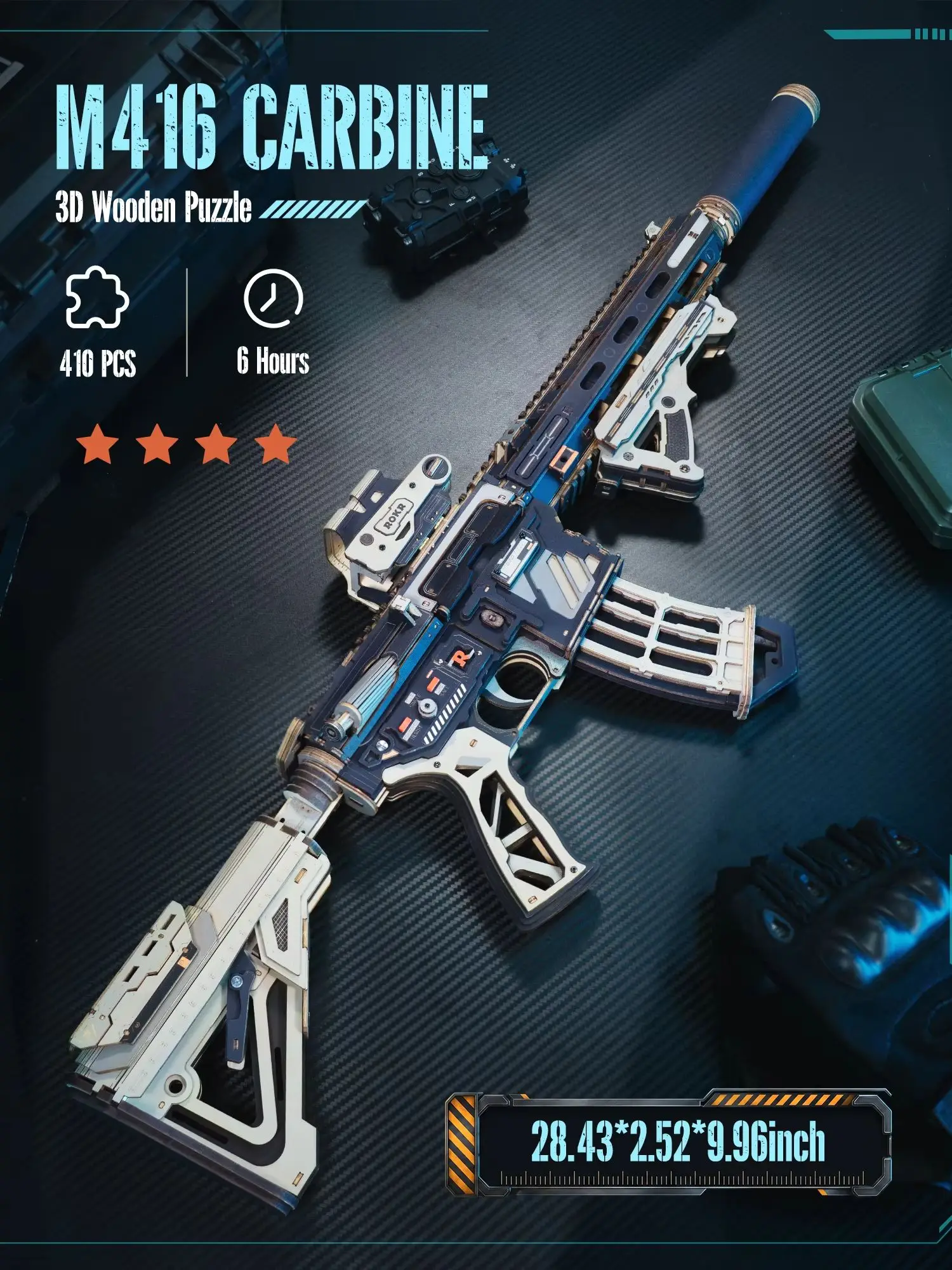 ROBOTIME ROKR JUSTICE GUARD M416 Karabiner 3D Mechanisches Puzzle Taktisches Modell Bausatz Gewehr Geburtstagsgeschenk für Männer ab 14 Jahren