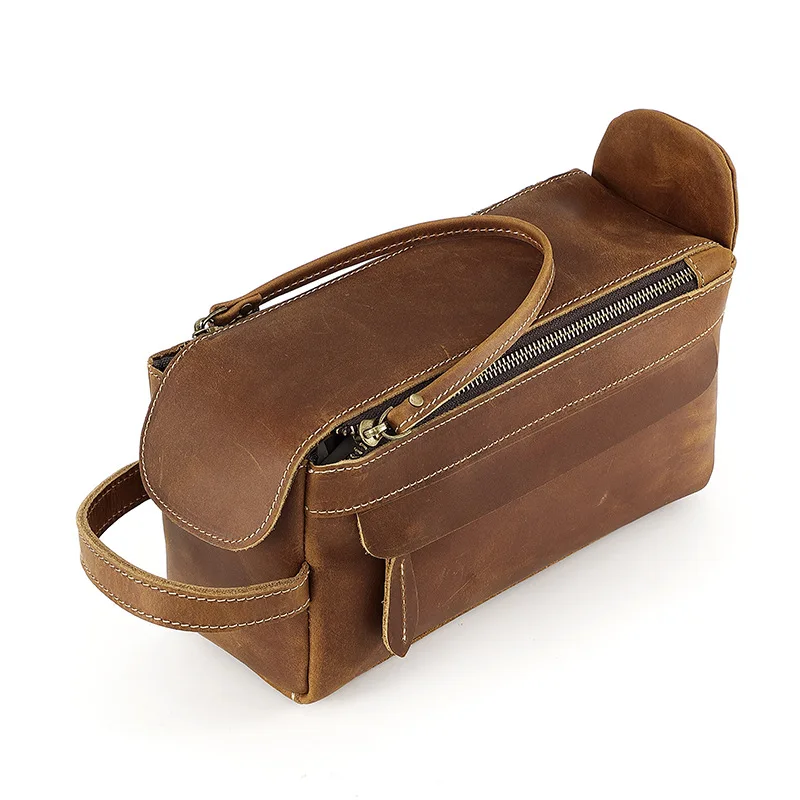 Trousse de toilette en cuir véritable pour homme, sac de rangement de voyage multifonctionnel, couche supérieure en cuir de vachette, pochette pour homme, sac à main de grande capacité