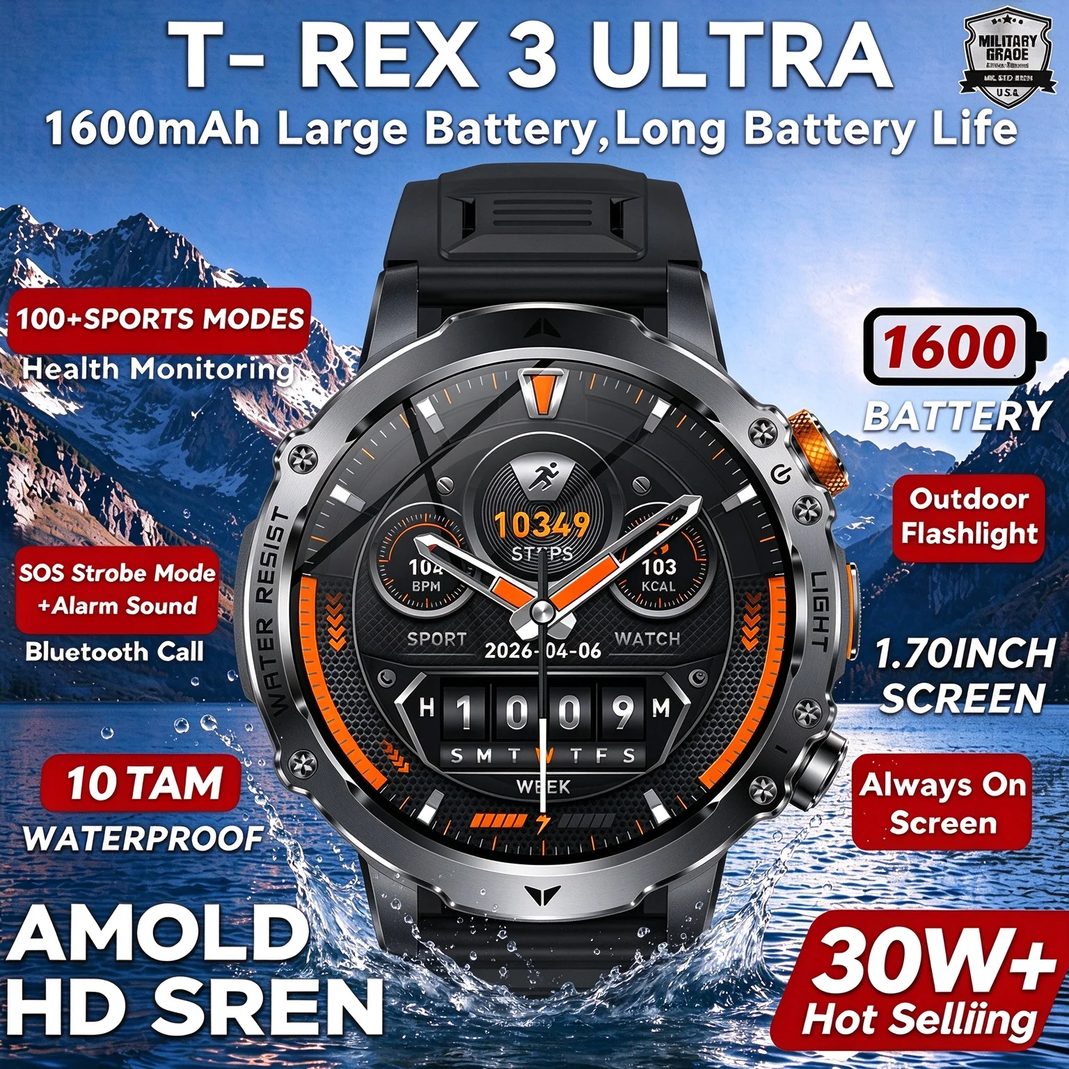 2026 New Outdoors Military 1600mAh Battery Smart Watch Men IPX8 Waterproof LED Flashlight Heart Rate Sports Tracker Smartwatchs