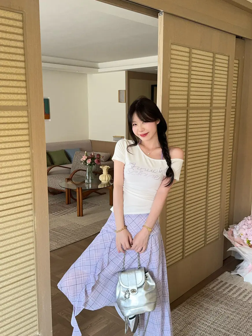 

Sweet Spicy Girl Short Sleeve T-Shirt Women's Summer Purple Plaid Skirt Long Dress Two Piece Set High Waist Slim Fit Spr...