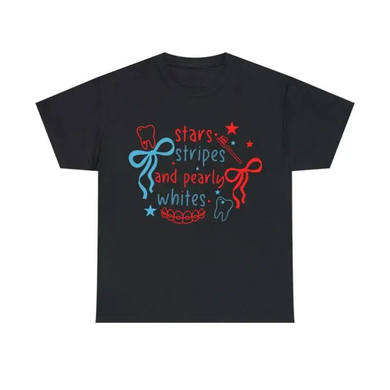 

Unisex Funny Dental T-shirt Stars Stripes Pearly Whites Graphic Tee Men Women Dentist Dental Hygienist Gift Top