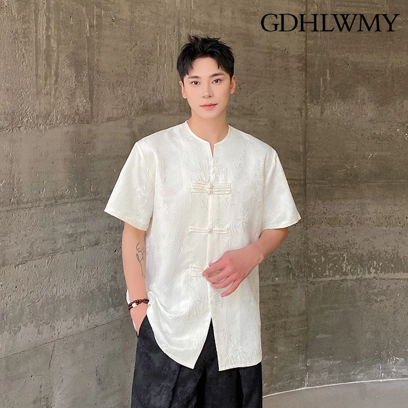 GDHLWMY Summer New Chinese Jacquard Buckle Round Neck Short sleeved Men's and Women's Retro Zen Style Shirt