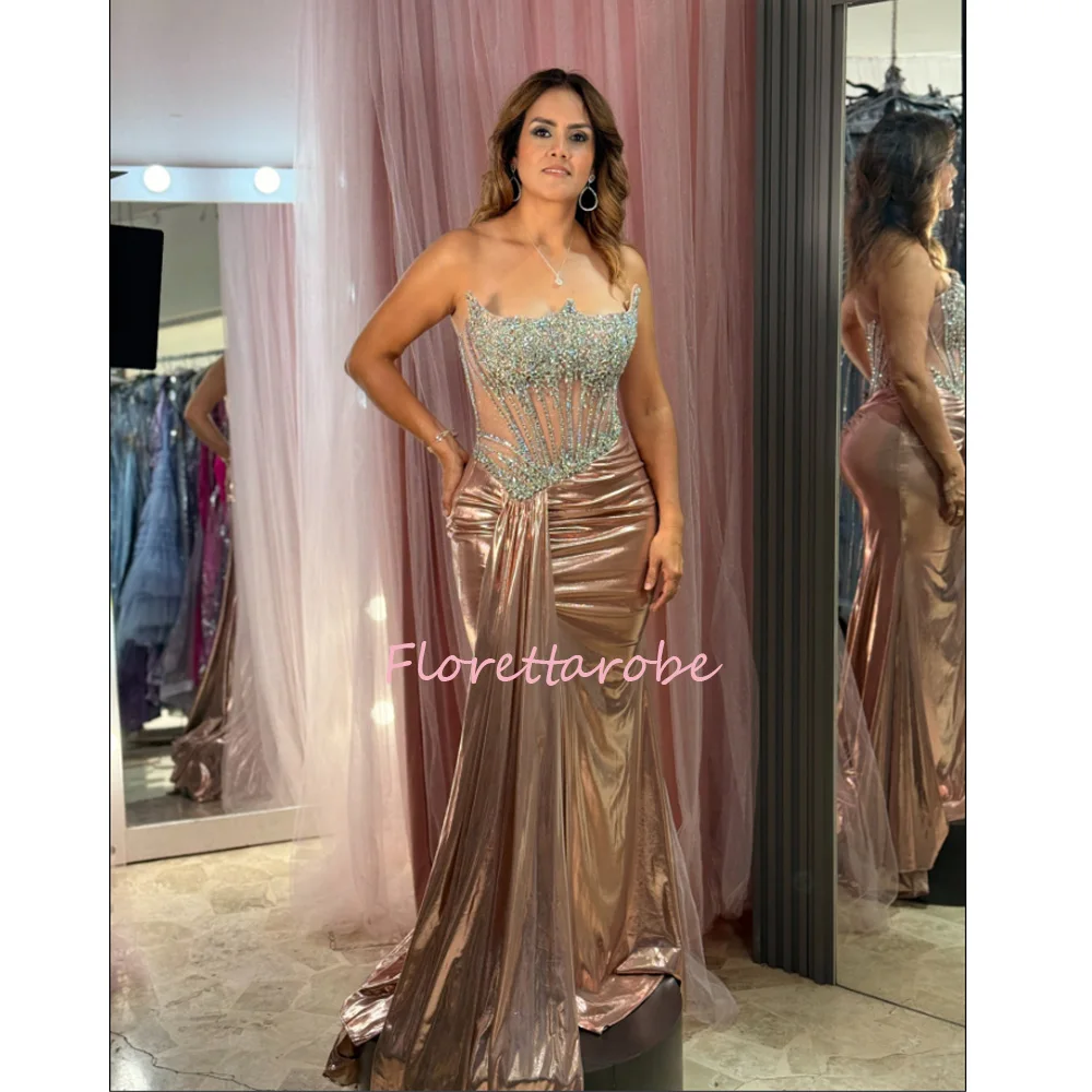 Customized Mermaid Satin Sexy Evening Dress Side Split Trumpet Strapless Luxury Beads Prom Dresses Vestidos De Noche