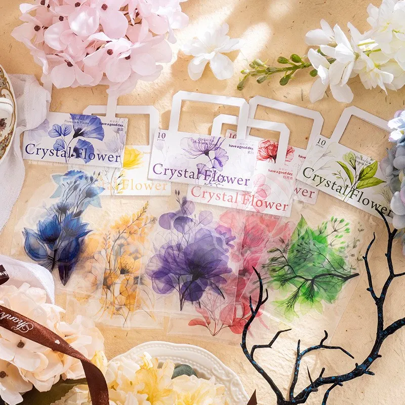 10pcs crystal Flowers Transparent PET Stickers Set Plants Flowers Collection Waterproof Sticker For Decoration Planner Scrapbook