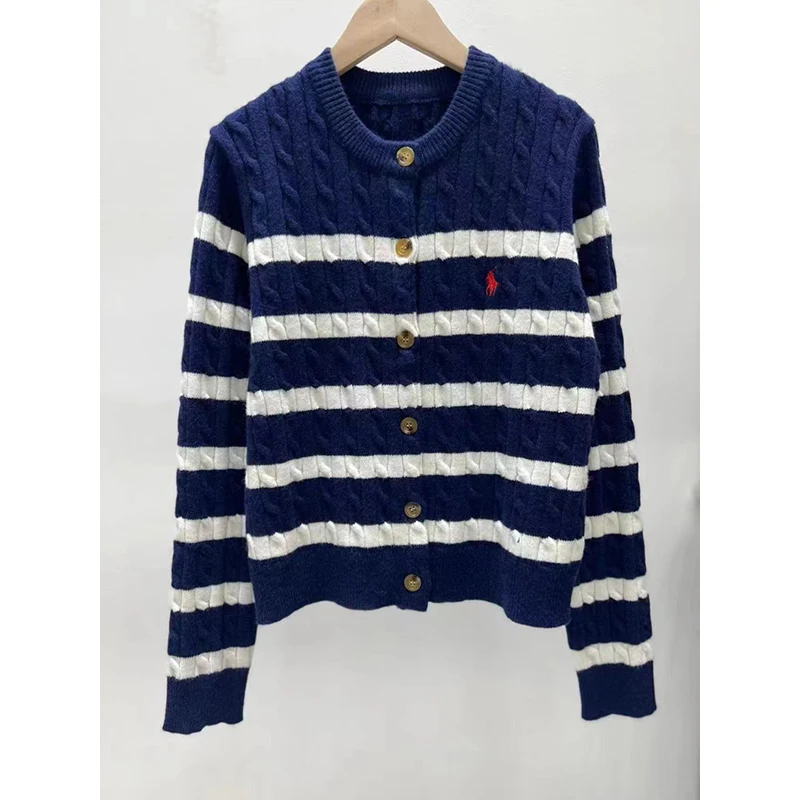 Autumn Winter Vintage Stripe Knitted Cardigan Women Sweater Fashion Knitted Chic Embroidery Knitwear