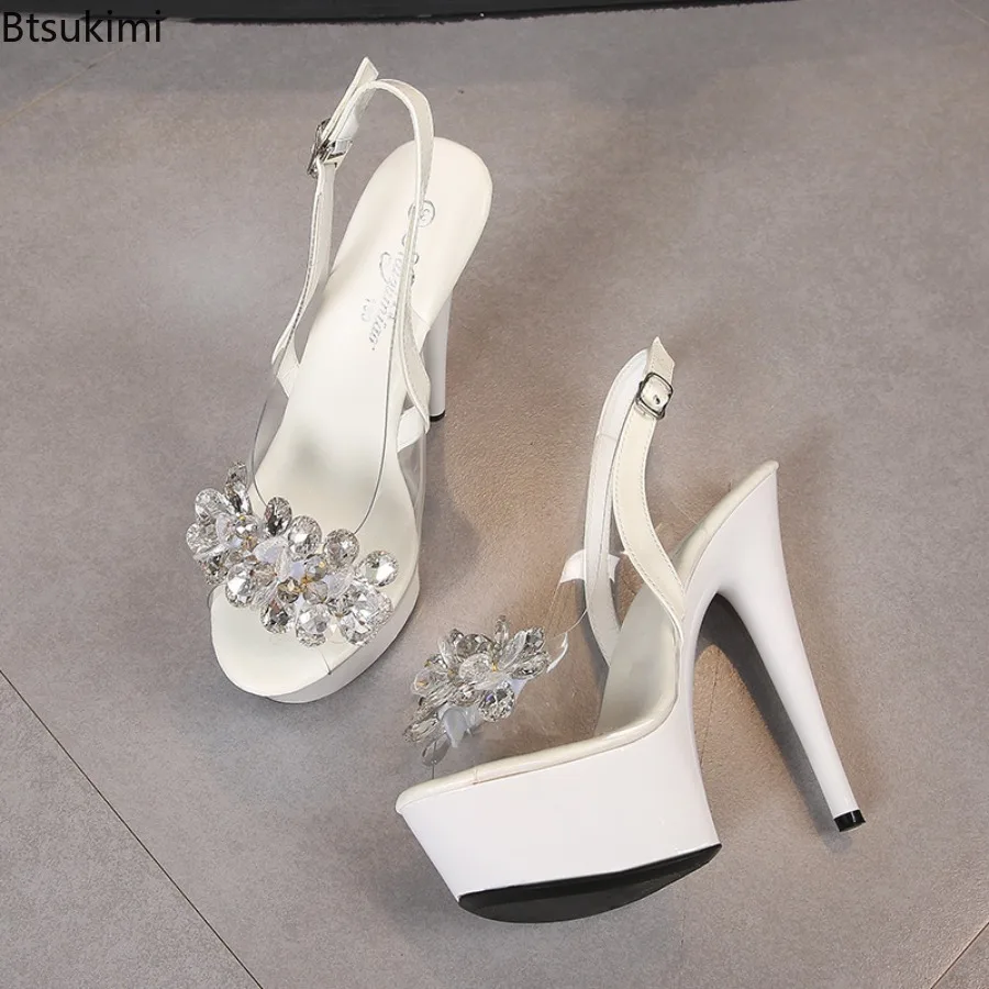 

2025 Women's Peep Toe Sandals Sexy Slingback Transparent PVC Summer Runway Shoes Platform Luxury Rhinestones Party High Heels