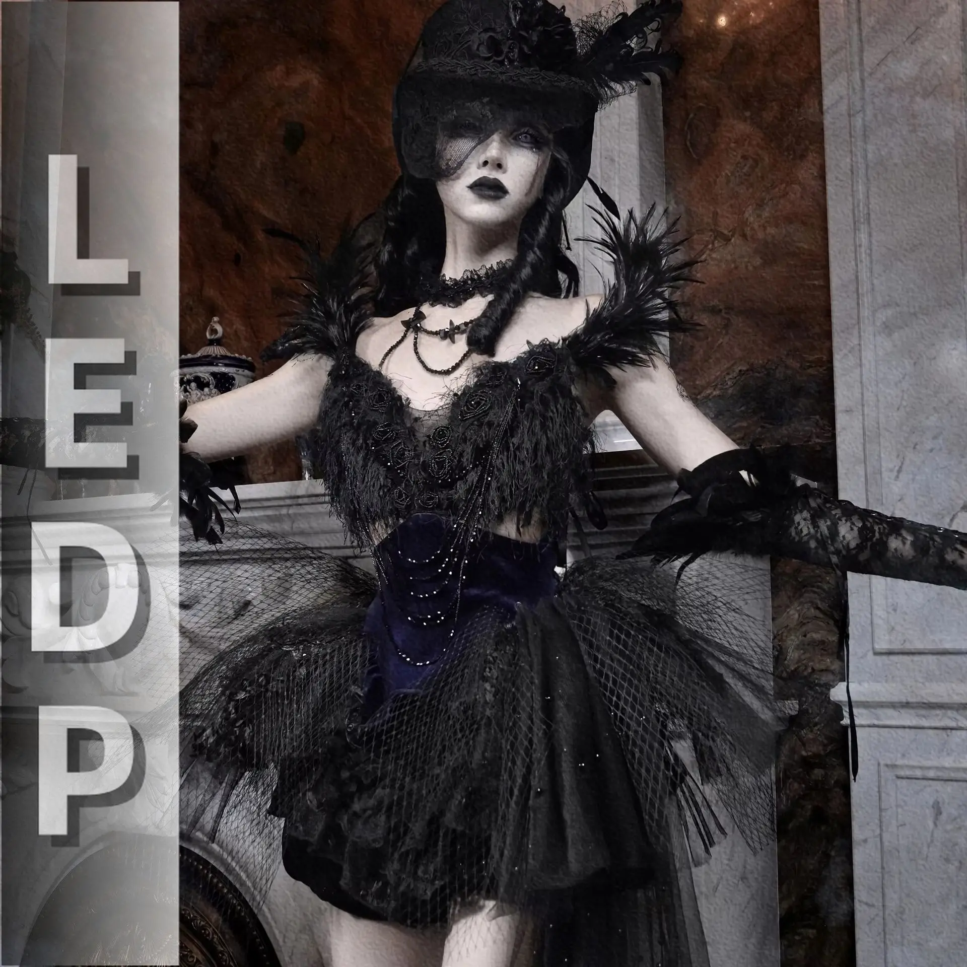 IMU Blood Supply Gothic Luxury Shiny Diamonds Black Feathers Patch Sweep Tail Mesh Dress Top Ballet Hollween Asymmetric Jupe Ves