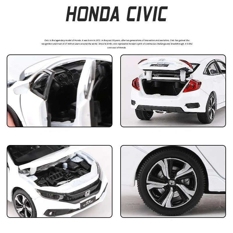 Honda Civic TYPE-R Diecast Metal Sports Car Model, 1:32, veículos de liga, som e luz coleção, presente brinquedo infantil