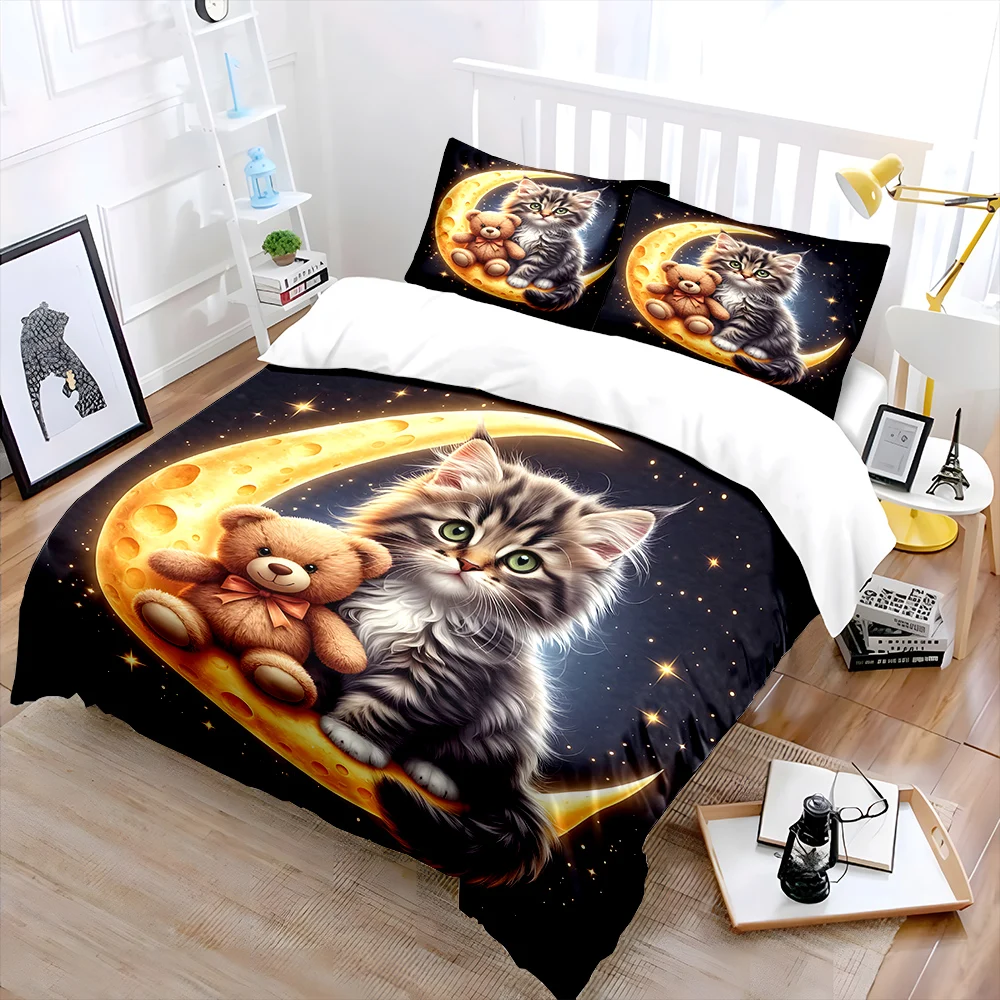 Cute Cat and Teddy on Moon Pattern Duvet Cover Set Digital Print Colorful Polyester Bedding with Zipper Closur for kids gifts
