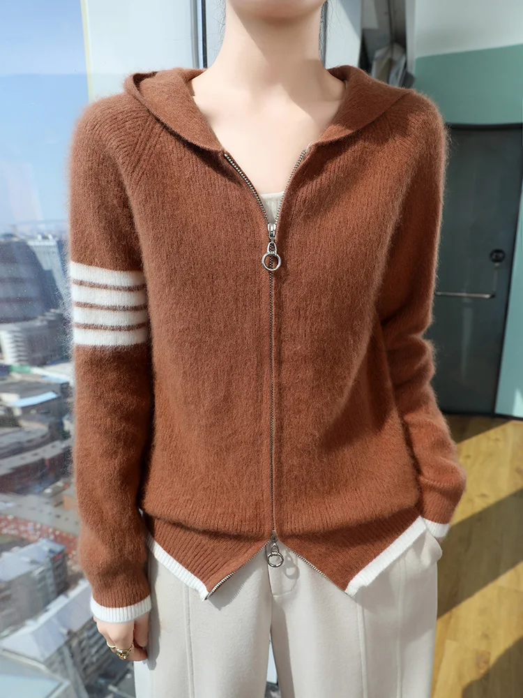 100% Pure Mink Cashmere Zipper Cardigan Women Hooded Collar Knitted Jacket Fashion Color Blocked Large size Hoodie Thicken Coat