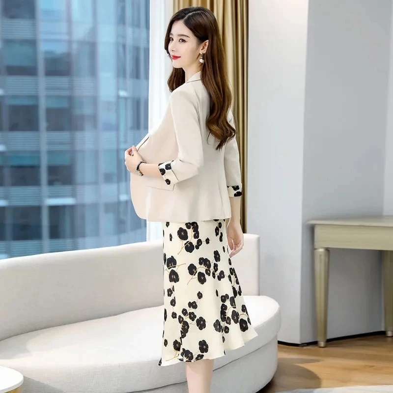 Korean Fashion Print Dress Suits Women 2 Piece Set Elegant Three Quarter Sleeve Blazer Jacket + Spaghetti Straps Floral Dresses