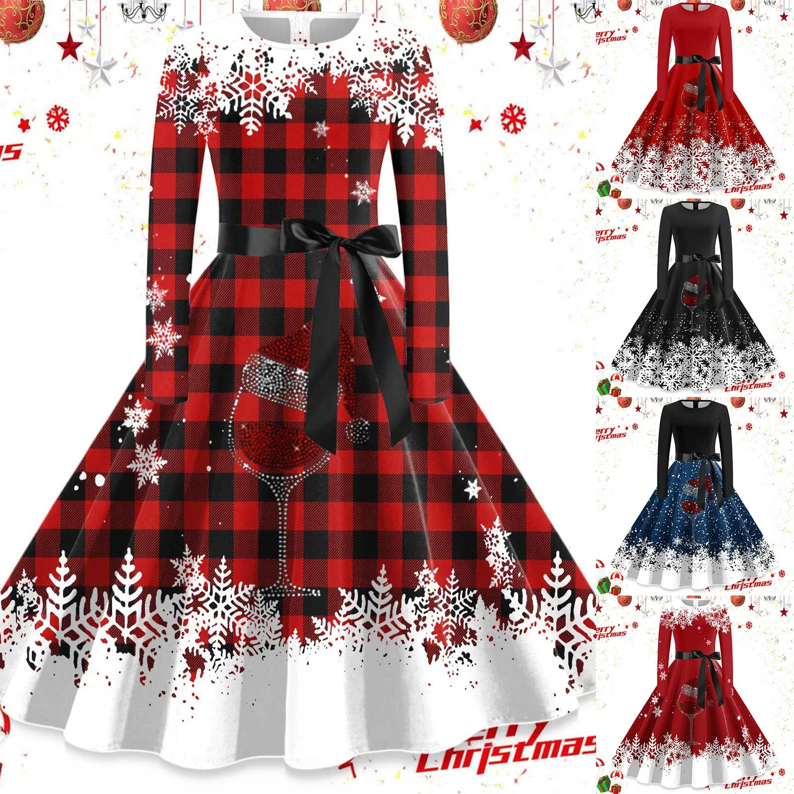 Robe de Noël Pin-Up Rockabilly pour Femme, Robe de Soirée Cosplay Sexy, Père Noël, Imprimé Neige, Cocktail, Bal, Hiver