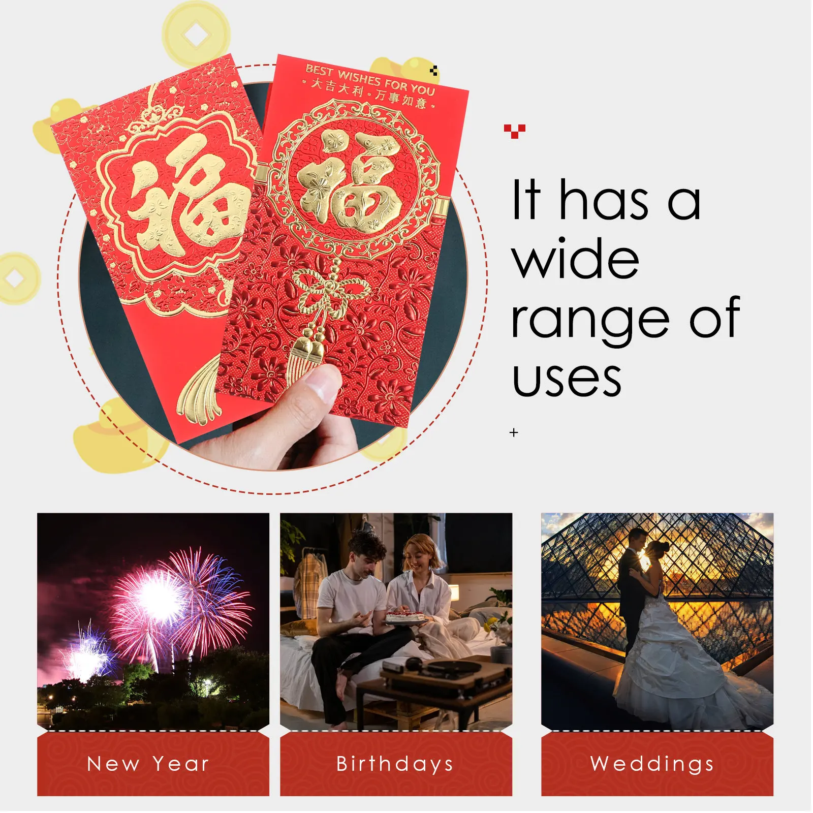 

6Pcs Chinese Lunar New Year Red Envelopes Fu Money Packets Paper Red Pockets for Wedding Party Gift Bags Money Pocket