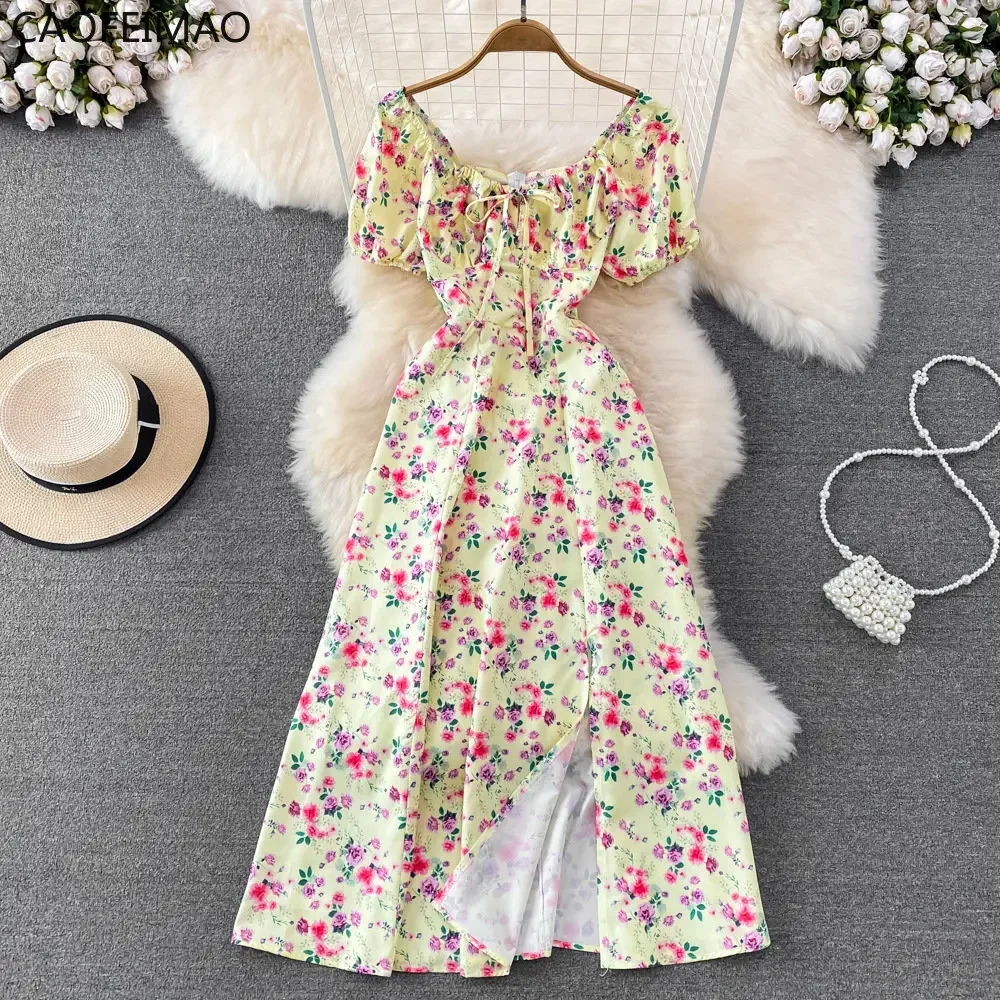 Letnia sukienka w stylu vintage Niebieski kwiatowy letni rękaw bąbelkowy Wiązane seksowne sukienki damskie A-line Print Split Długa sukienka Eleganckie kamizelki