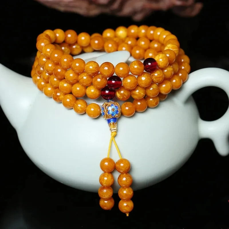 Old Beeswax Hand String Men National Scenery Thai Blue Amber Bracelet Women Multiple Circles and 108 Red Amber Buddha Beads