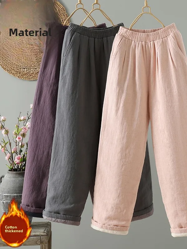 

Thickened Cotton Linen Straight Leg Casual Pants for plus Size Women Warm Outerwear Trousers Slimming Wide Leg Pants