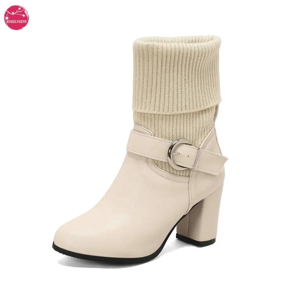 

Women's Chelsea Knitting Comfy Boots Elastic Chunky Heel Lug Sole Ankle Booties Stylish Non-Slip Shoes with Belt Buckle Big Foot