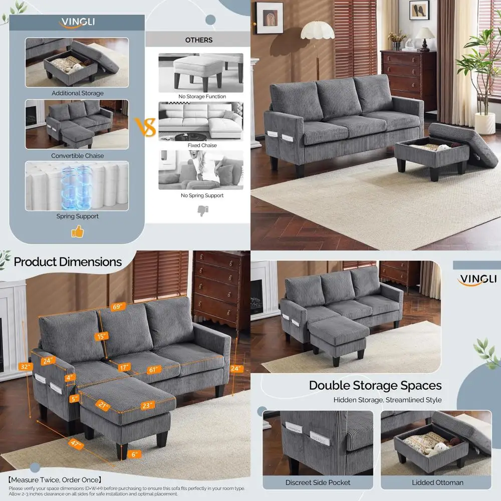 

Grey 68.5 L-Shaped Sectional Sofa with Storage Ottoman, Reversible Chaise for Small Spaces, Corduroy Fabric Living Room Furnitur