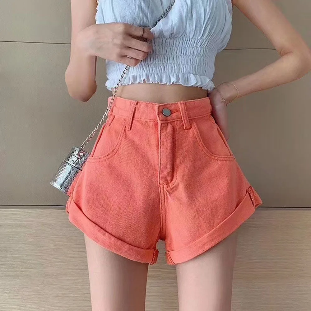 2022 New Solid Candy Colors New Summer Women High Waist Button Wide Leg Jeans Shorts Casual Female Loose Fit Blue Denim Shorts