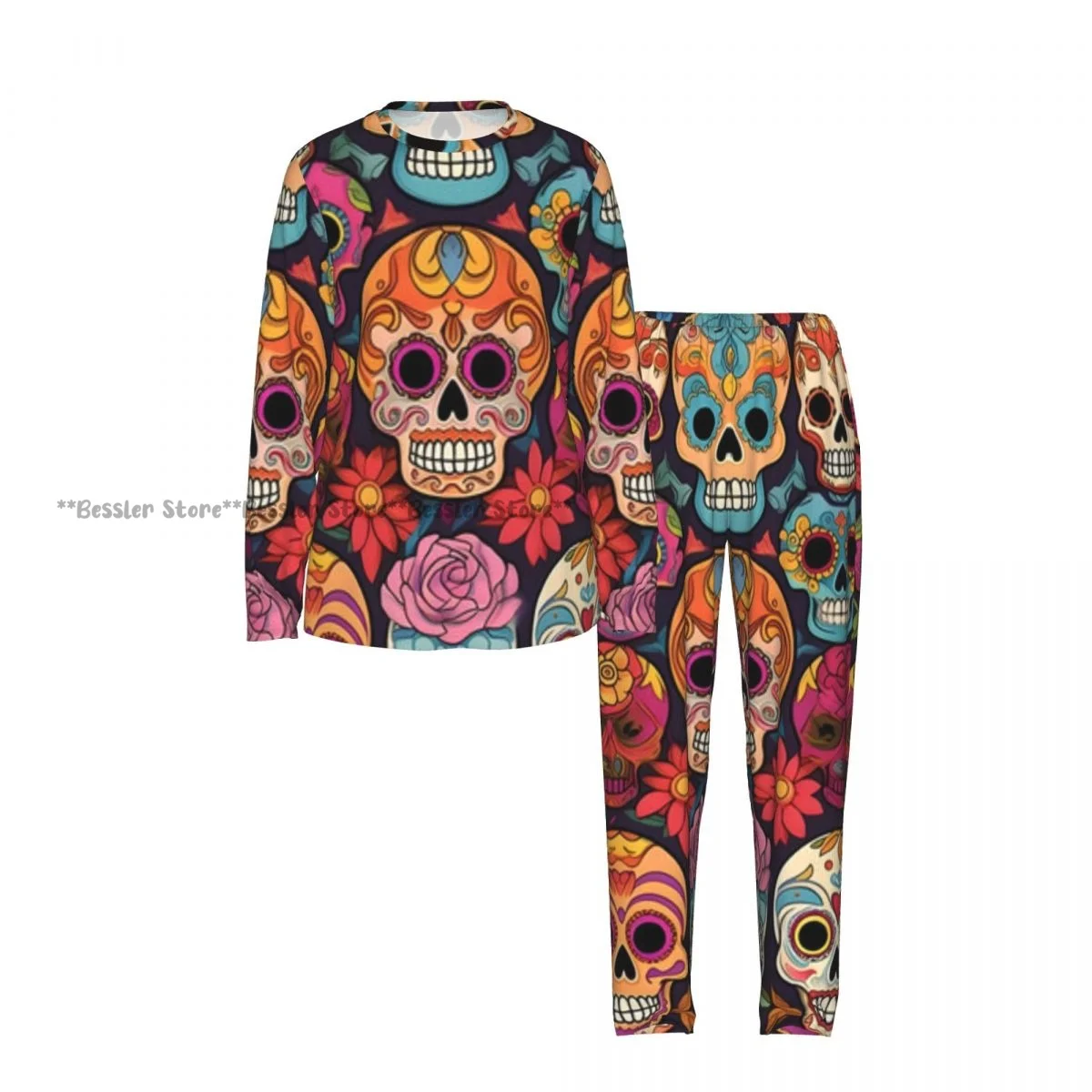 Women Round Neck Pajamas Set Human Skulls With Flowers Long Sleeve Tops + Long Pants 2