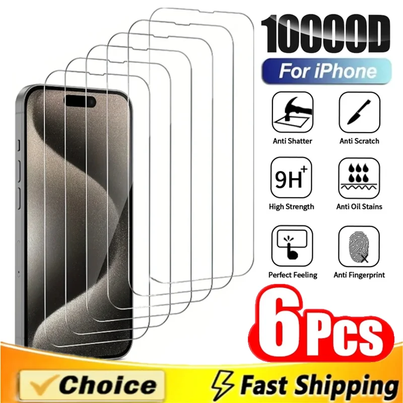 

6Pcs Tempered Glass For iPhone 14 15 Pro Max 7 8 Plus Screen Protector For iPhone 11 12 Mini 13 PRO X XR XS MAX Protective Glass