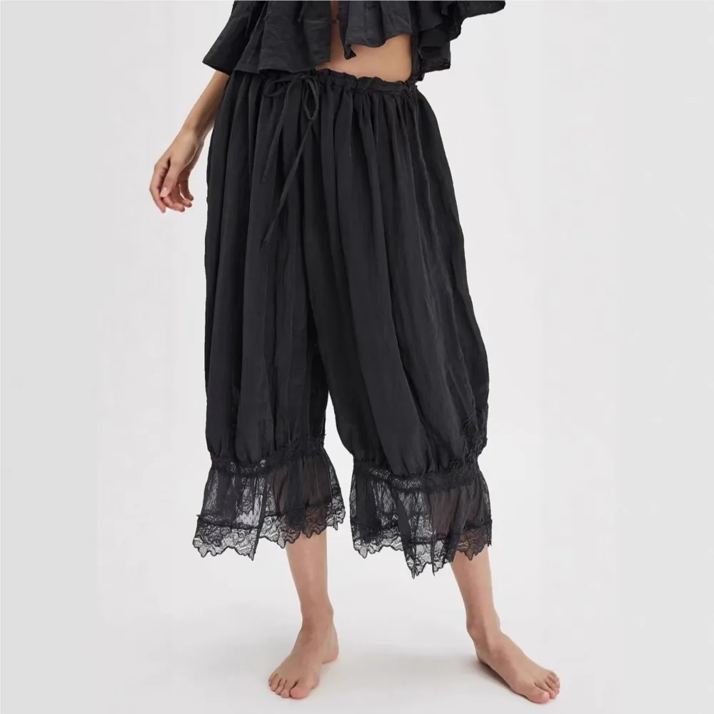 Lace Stitching Bloomers Solid Color Summer Women's New Lace-up Waist Casual Loose Cropped Pants Pantalones De Mujer Ropa Mujer