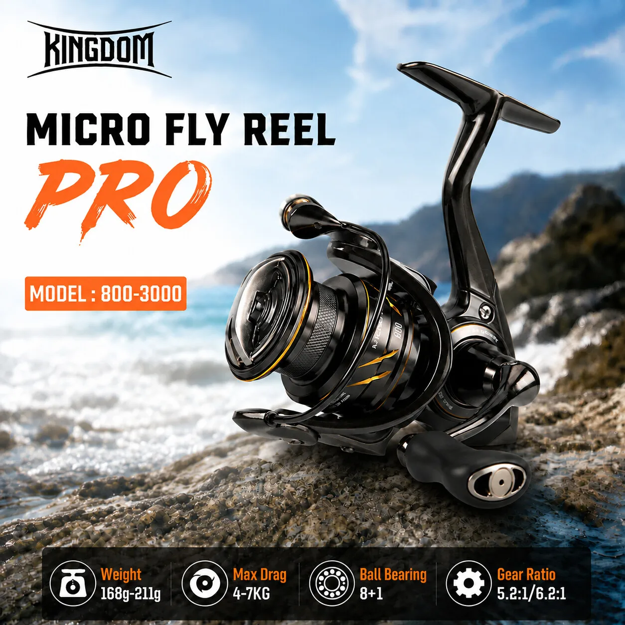 Kingdom Micro Fly Pro Fishing Spinning Reel Ultra Light 8+1 Sealed Bearings 160g 8KG Max Drag 5.2:1 Gear Ratio Fishing Reel