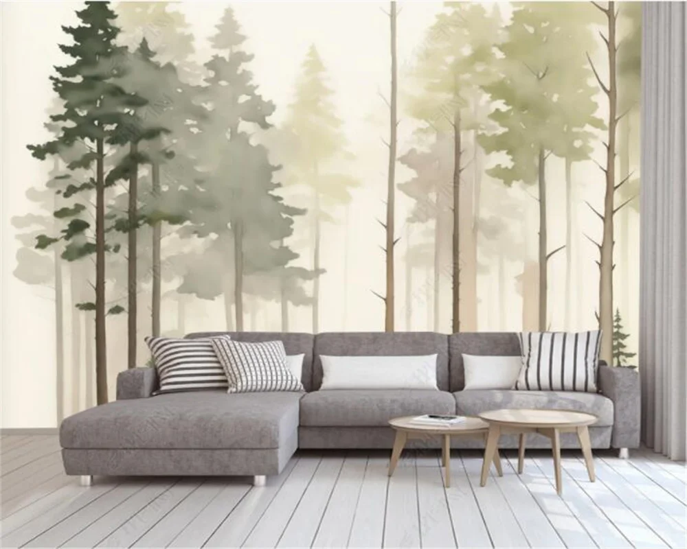 Customized 3D printed wallpaper with healing forest style light watercolor pine forest theme mural