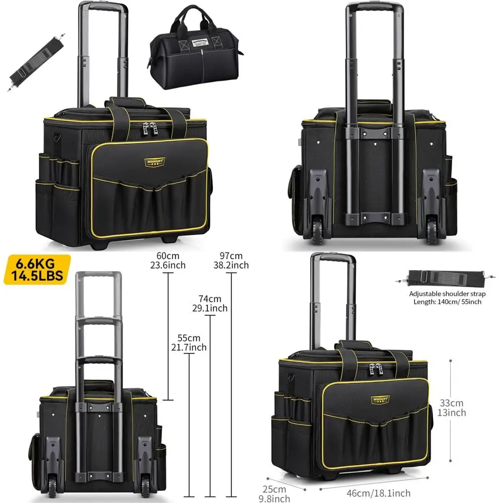 

32 Pocket Wide Mouth Rolling Tool Bag with Telescopic Handle, 18 Inch, 2 Wheels, Black, Heavy Duty Trolley Bag for Professional