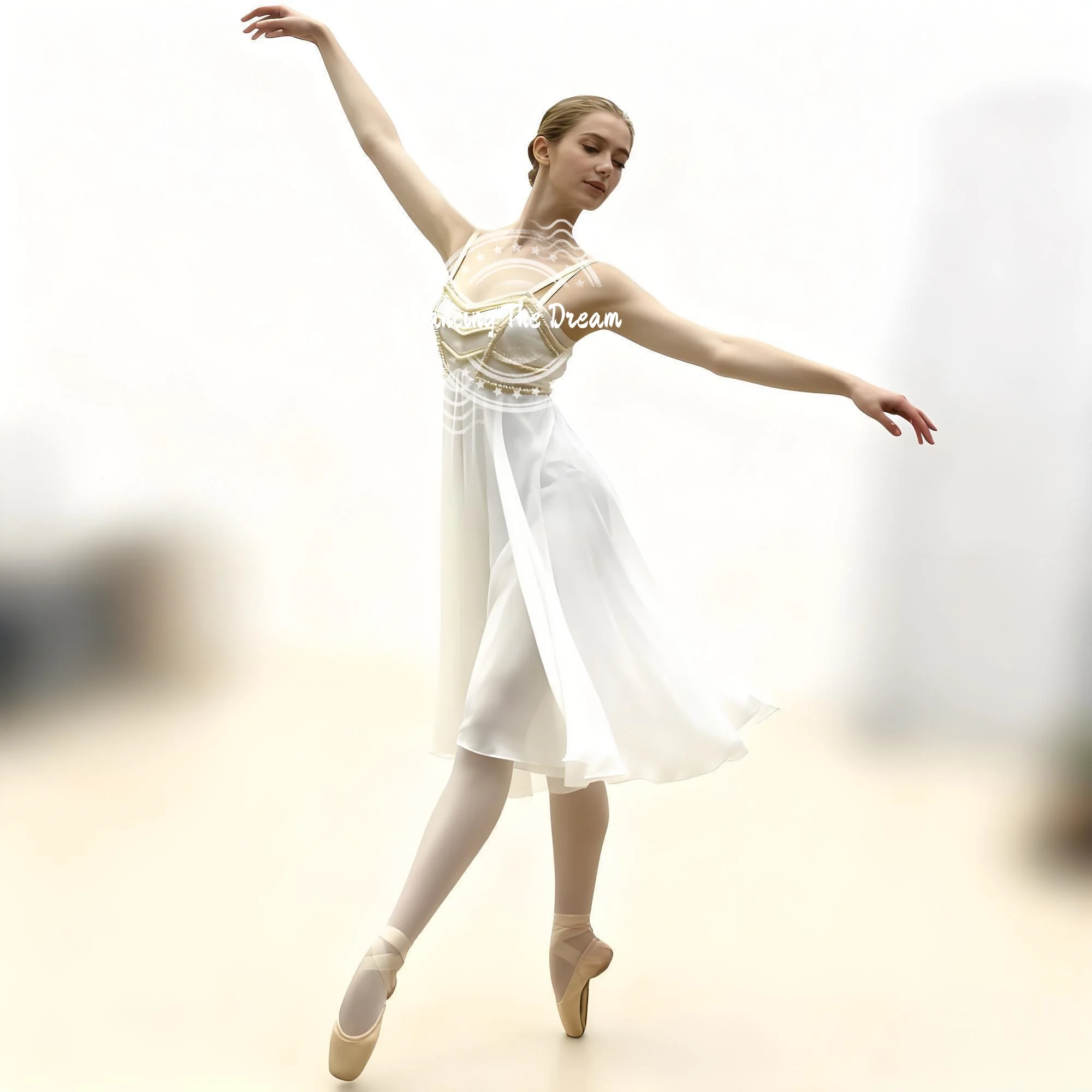 

Elegant White Chiffon Maxi Dress with Gold Beaded Straps and Bodice Detailing Elegant White Dress with Gold Beaded Accents