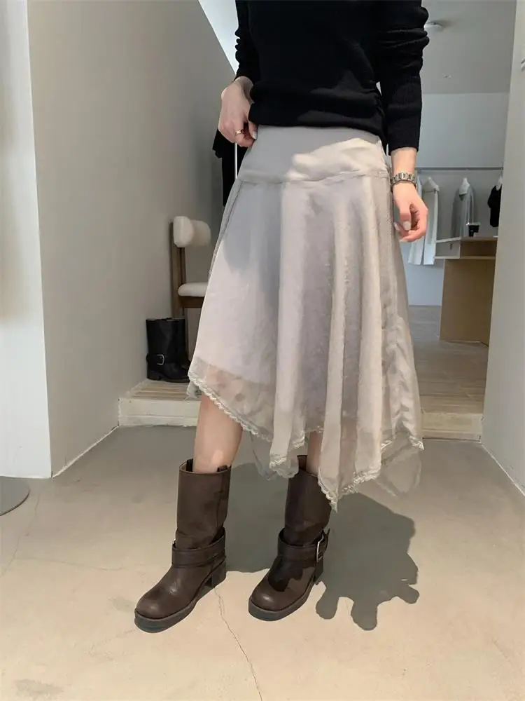 

Asymmetric Lace Splicing Midi Skirt Women's High Waist A-Line Skirt Korean Sle Versatile f-length Skirt Design Sensation